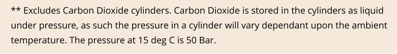 ** Excludes Carbon Dioxide cylinders. Carbon Dioxide is stored in the cylinders as liquid under pressure, as such the pressure in a cylinder will vary dependant upon the ambient temperature. The pressure at 15 deg C is 50 Bar.